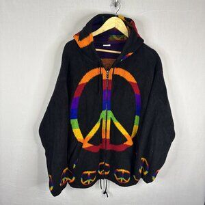 Handmade Ecuador Wool Zip Hoodie Peace Sign Rainbow Sweater Men’s L Wool Hippie